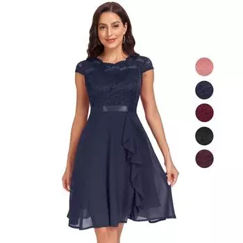 Женские коктейльные платья с цветочным кружевом и круглым вырезом, шифоновая распашная юбка, вечернее платье в стиле Хепберн с лентой на талии S темно-синий
