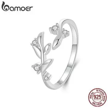 Женские кольца BAMOER из стерлингового серебра 925 пробы с двойным листом, изящное регулируемое гипоаллергенное кольцо с цирконом, подарок для девочек BSR562-E