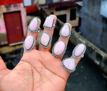 Женские кольца из розового кварца, женские кольца ручной работы из розового кварца, оптовая партия для оптовой продажи 5-12 Mix розовый