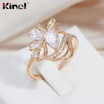 Женские кольца Kinel с цветком розового золота и цирконом, ювелирные украшения 7 розового золота