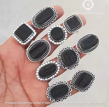 Женские кольца, кольца ручной работы с черным турмалином, кольцо ручной работы с кристаллами, кольцо с серебряным покрытием 925 пробы, оптовая продажа ювелирных изделий оптом! 5 Pcs free Size чёрный