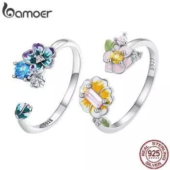 Женские кольца на палец BAMOER из стерлингового серебра 925 пробы с цветной эмалью и цветным цветком, регулируемые кольца с цирконом, изящные ювелирные изделия A