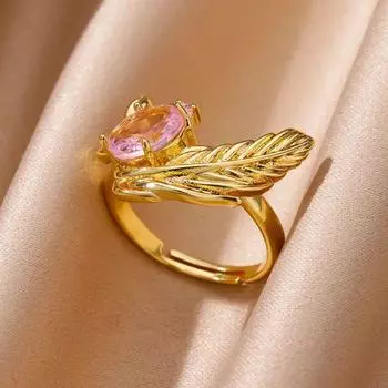 Женские кольца с розовым цирконием и перьями, регулируемое обручальное кольцо из нержавеющей стали золотого цвета, женские эстетические ювелирные изделия, подарок Anillos