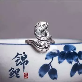 Женские кольца, винтажное тайское серебряное кольцо с рыбой лотоса, ретро-открытие, транзитное кольцо с рыбой кои, кольцо на палец, ювелирные изделия для девочек, ежегодное ювелирное изделие для рук 1 pc