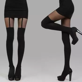 Женские эластичные колготки с имитацией чулок с подтяжками one size чёрный