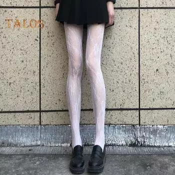 Женские колготки с кружевом в сеточку, высокая эластичность, с цветочной вышивкой, ультратонкие узкие однотонные колготки в японском стиле, противоскользящие женские длинные бедра JK белый