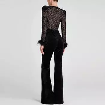Женские комбинезоны из бархата с отделкой из перьев, с подплечниками, с длинными рукавами и поясом, облегающий комбинезон с высокой талией и широкими штанинами S чёрный