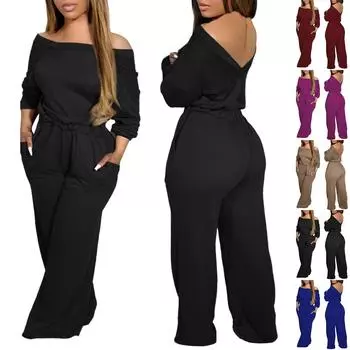 Женские комбинезоны на одно плечо для женщин с длинным рукавом и широкими штанинами, нарядные комбинезоны L чёрный