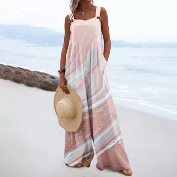 Женские комбинезоны, повседневные комбинезоны с широкими штанинами и принтом, комбинезоны без рукавов с карманами, наряды L розовый