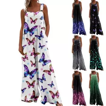 Женские комбинезоны, повседневные комбинезоны с широкими штанинами и принтом, комбинезоны без рукавов с карманами, наряды L чёрный