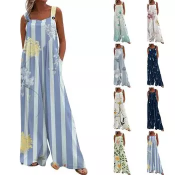 Женские комбинезоны, повседневные комбинезоны с широкими штанинами и принтом, комбинезоны без рукавов с карманами, наряды L бежевый