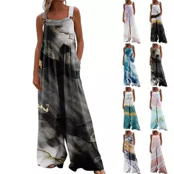 Женские комбинезоны, повседневные комбинезоны с широкими штанинами и принтом, комбинезоны без рукавов с карманами, наряды L чёрный