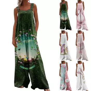 Женские комбинезоны, повседневные комбинезоны с широкими штанинами и пасхальным принтом, комбинезоны без рукавов с карманами, наряды L