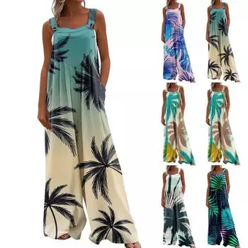 Женские комбинезоны, повседневные комбинезоны с широкими штанинами и принтом, комбинезоны без рукавов с карманами, наряды L чёрный