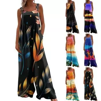 Женские комбинезоны, повседневные комбинезоны с широкими штанинами и принтом, комбинезоны без рукавов с карманами, наряды L чёрный