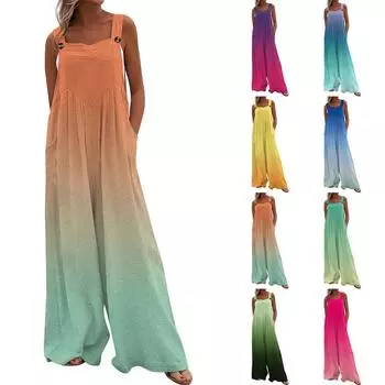 Женские комбинезоны, повседневные комбинезоны с широкими штанинами и принтом, комбинезоны без рукавов с карманами, наряды L синий