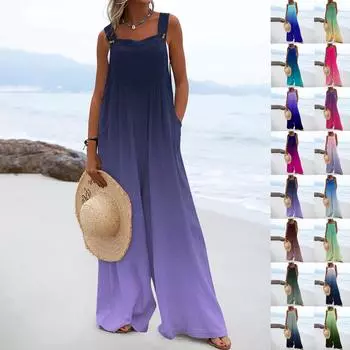 Женские комбинезоны, повседневные комбинезоны с широкими штанинами и принтом, комбинезоны без рукавов с карманами, наряды L синий