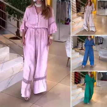 Женские комбинезоны с широкими штанинами, застегивающиеся на пуговицы, с V-образным вырезом, рукавами 3/4, с оборками, летний повседневный комбинезон на шнурке, цельный наряд M зелёный