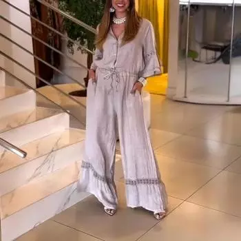 Женские комбинезоны с широкими штанинами, застегивающиеся на пуговицы, с V-образным вырезом, рукавами 3/4, с оборками, летний повседневный комбинезон на шнурке, цельный наряд M розовый