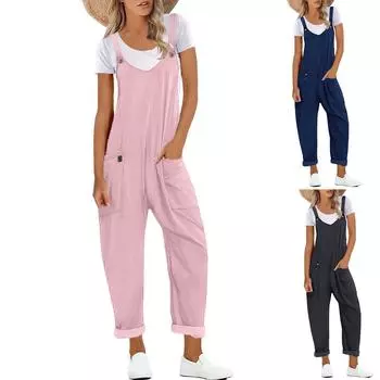 Женские комбинезоны с V-образным вырезом, регулируемые бретели, повседневные свободные комбинезоны с карманами M синий