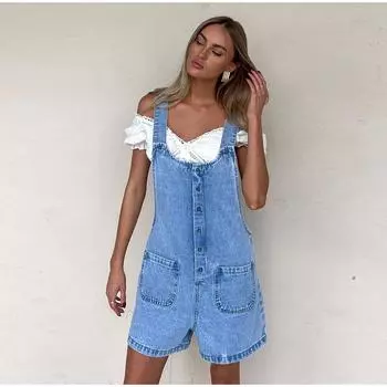 Женские комбинезоны Slim Fit Straight Leg Denim Solid Color 2025 Весна Лето Новые Короткие Брюки Комбинезоны Модная Женская Уличная Одежда S светло-синий