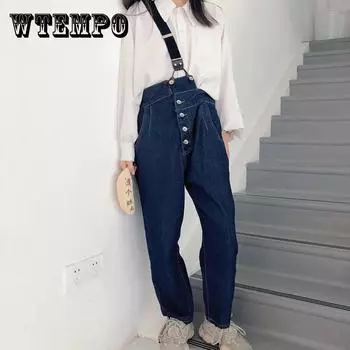 Женские комбинезоны WTEMPO, джинсы, свободные и облегающие широкие брюки, прямые джинсовые брюки с большими карманами XXL синий