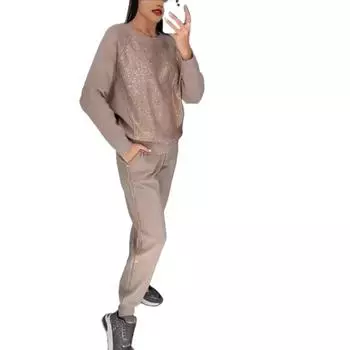 Женские комплекты больших размеров, однотонные, с длинным рукавом, завязками, карманами, стразами, толстовка, брюки, комплект из 2 шт. 4XL абрикосовый
