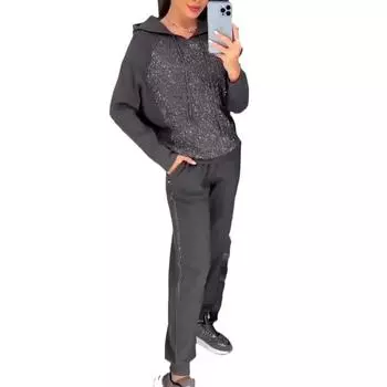 Женские комплекты больших размеров, однотонные, с длинными рукавами и карманами, со стразами, с капюшоном, толстовка, брюки, комплект из 2 предметов 4XL