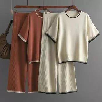 Женские комплекты брюк, простой пригородный свитер с круглым вырезом, узкие широкие брюки, комплект из 2 предметов, женский наряд, летний свитер One Size чёрный