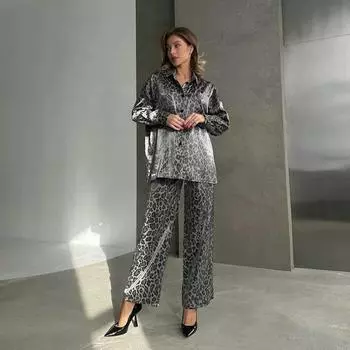 Женские комплекты брюк с леопардовым принтом, комплект из двух частей, рубашки с отложным воротником на пуговицах, свободные широкие брюки, костюмы с эластичной резинкой на талии, комплекты S розы красного