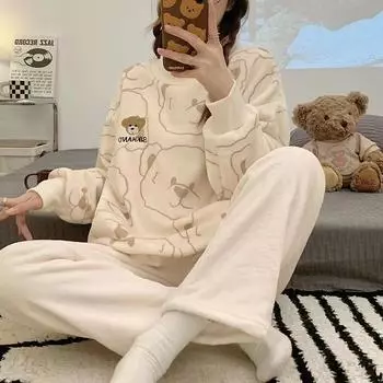 Женские комплекты для отдыха из фланели на осень-зиму, женская домашняя одежда для принцессы с милым принтом овец, круглый вырез, длинный рукав, женский комплект из двух предметов XL