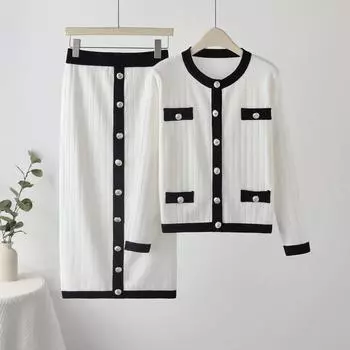 Женские комплекты для отдыха, комплекты из 2 предметов, трикотажный свитер с длинным рукавом, топы, облегающая юбка, спортивный костюм, плотный осенне-зимний дорожный спортивный костюм для женщин S белый