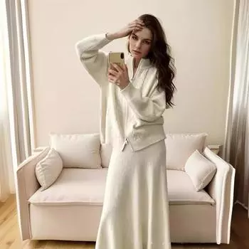 Женские комплекты для отдыха, комплекты из 2 предметов, длинный рукав, на молнии, вязаный кардиган, свитера, топы, облегающая юбка, спортивный костюм, плотный осенне-зимний спортивный костюм для женщин one size слоновая кость