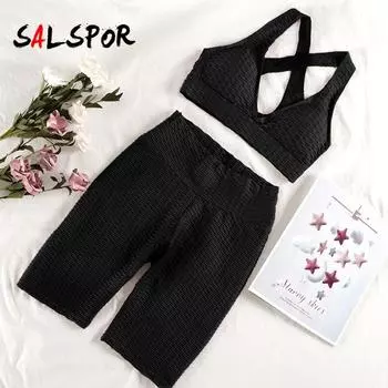 Женские комплекты для спортзала, укороченный топ и спортивные шорты, комплекты для фитнеса, тренировок в тренажерном зале, комплект из 2 предметов, бриджи