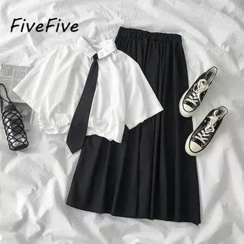 Женские комплекты FiveFive, комплект из 2 корейских белых рубашек и черной юбки, женские наряды XXL