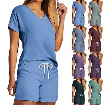 Женские комплекты футболок, футболок и шорт, повседневные комплекты с v-образным вырезом, стандартный крой, элегантные повседневные комплекты 2024, однотонные комплекты L синий