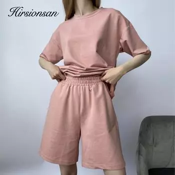 Женские комплекты Hirsionsan из мягкого хлопка, новинка 2021 года, повседневные футболки из двух предметов с короткими рукавами и шорты с высокой талией, однотонные спортивные костюмы S чёрный