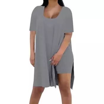 Женские комплекты из 2 предметов больших размеров: туника с коротким рукавом и разрезами по бокам и облегающие шорты-бермуды. Летний домашний спортивный костюм. XXL серый