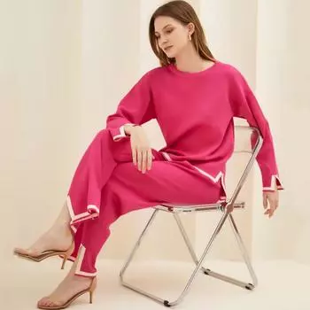 Женские комплекты из 2 предметов Комплекты свитеров Вязаный свитер с длинным рукавом Топ-пуловер Широкие брюки Комплекты для отдыха Спортивные костюмы для женщин Осенне-зимний спортивный костюм S слоновая кость