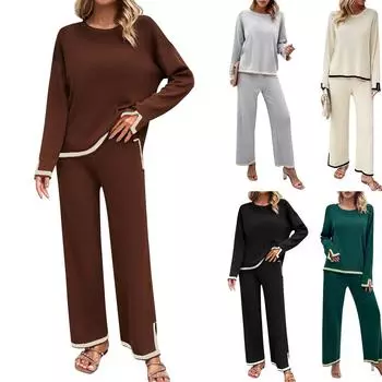 Женские комплекты из 2 предметов, летние комплекты свитеров, вязаный пуловер с короткими рукавами, топы, широкие брюки, комплекты спортивных костюмов