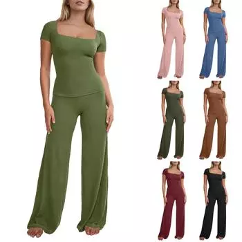 Женские комплекты из 2 предметов, летние топы с короткими рукавами и рюшами и широкие брюки, спортивный костюм, одинаковые наряды