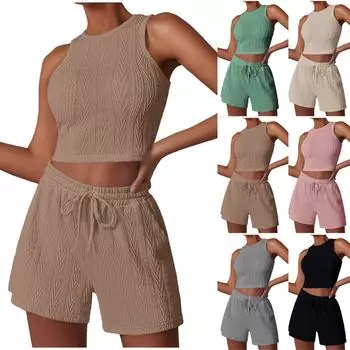 Женские комплекты из 2 предметов, летние топы без рукавов со рюшами и широкие брюки, спортивный костюм, одинаковые наряды L бежевый