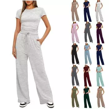 Женские комплекты из 2 предметов, летние топы с короткими рукавами и рюшами и широкие брюки, спортивный костюм, одинаковые наряды XXL