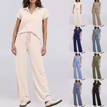 Женские комплекты из 2 предметов, летние топы с короткими рукавами и рюшами и широкие брюки, спортивный костюм, одинаковые наряды L армия зеленый