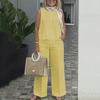 Женские комплекты из 2 предметов, повседневные широкие брюки + пальто без рукавов, комплекты топов L жёлтый