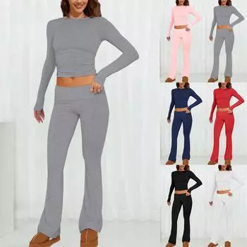 Женские комплекты из 2 предметов, расклешенные брюки, укороченный топ с длинным рукавом, повседневные наряды, пижамы L чёрный