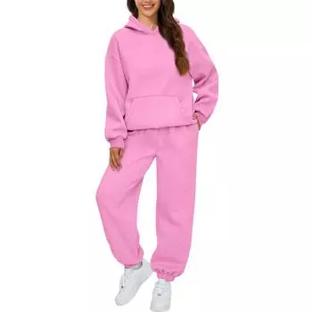 Женские комплекты из 2 предметов, спортивный костюм с капюшоном, толстовка большого размера, мешковатые осенние модные спортивные штаны с карманами L горячий розовый