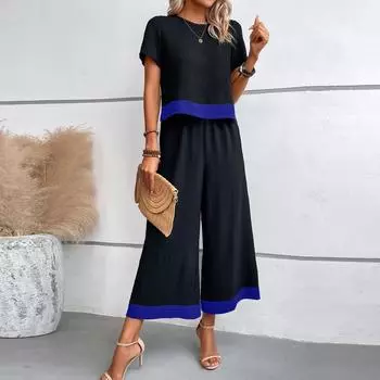 Женские комплекты из 2 предметов, топы с короткими рукавами и широкими штанами, спортивные костюмы L синий