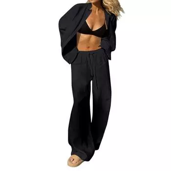 Женские комплекты из 2 предметов: Топы с длинным рукавом с драпировкой + Брюки с широкими штанинами, Комплекты для тренировок L чёрный