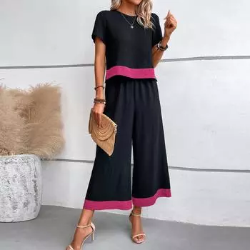 Женские комплекты из 2 предметов, топы с короткими рукавами и широкими штанами, спортивные костюмы M розовый